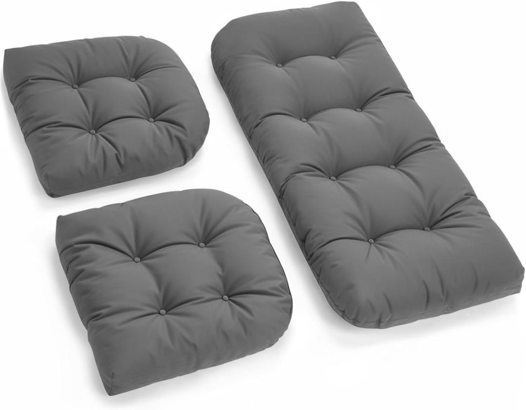 All Weather Wicker Chair Cushions of 3 Pieces, Waterproof Outdoor Wicker Chair Cushion for Patio Furniture Loveseat Settee Bench, 1 Loveseat and 2 U-Shaped Thickened Cushions, Grey