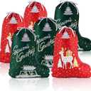 OYATON Set of 6 Christmas Stocking-Shaped Gift Bags - Fabric Drawstring Wrapping Bags with Tags & Festive Designs for Christmas Presents, 20"x15.6"