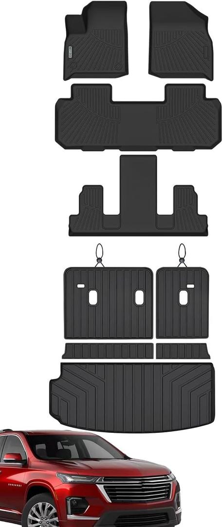 Floor Mats Set for 2024-2027 Chevy Traverse/2025-2027 Buick Enclave/2024-2027 GMC Acadia(7-Seat 2nd Row Bucket) Cargo & Backrest Mats, Custom TPE All-Weather Full Coverage Trunk & Floor Liners