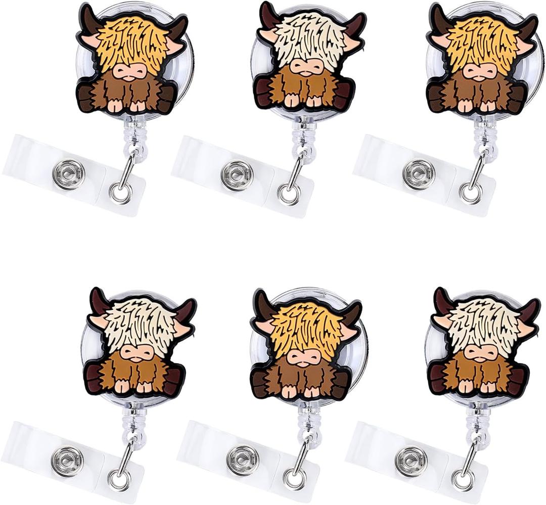 Whaline 6Pcs Highland Cow Badge Reel Retractable with Clips Cute Cow ID Card Name Badge Holder for Nurse Doctor Teacher Student Office School Supplies