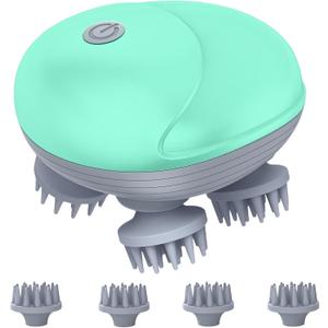 Electric Scalp Massager for Men Women, Handheld Cat Dog Pet Head Massager with 4 Massage Heads, 3 Speeds, Waterproof, for Hair Growth, Soothing Muscles Joints, Stress Relax(Green)