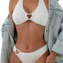 Verdusa Women's 2 Piece Swimsuit Heart Shaped Ring Decorated Halter Bikini Swimwear Set (Large, White)