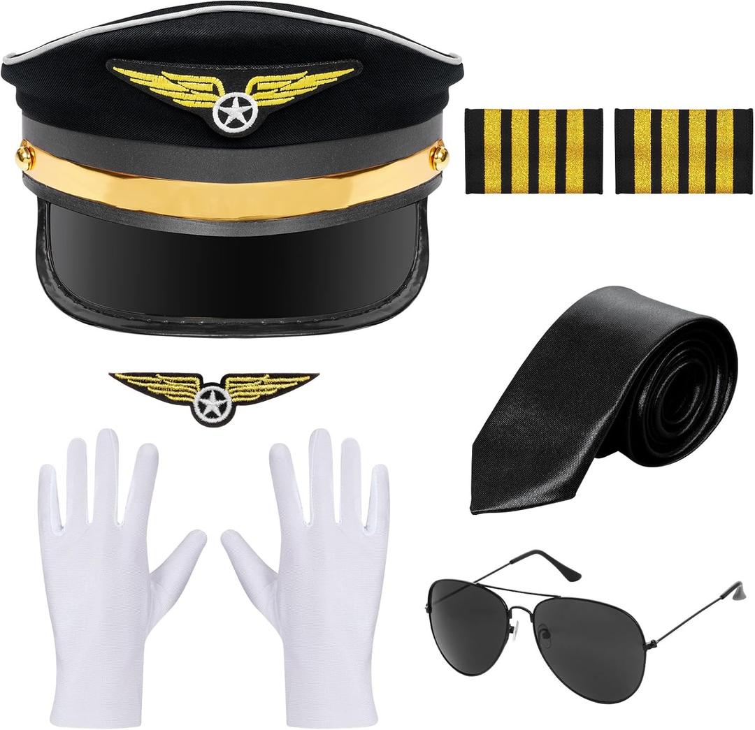 HOVEOX 7 Pieces Airline Pilot Captain Costume Pilot Costume Accessories Hat Sunglasses for Men Halloween Cosplay (Black)