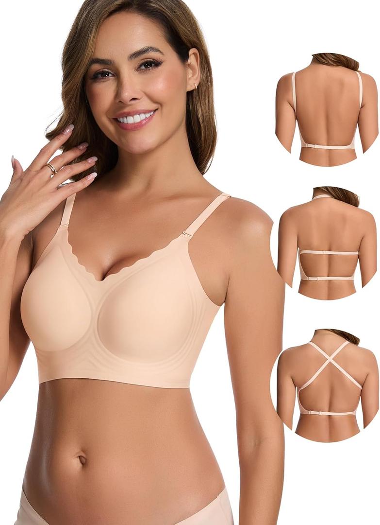 HBselect Low Back Bras for Women Deep V Seamless Bralette Wireless Backless Bra Convertible Straps Halter Bra (Medium, Beige) HBselect Low Back Bras for Women Deep V Seamless Bralette Wireless Backless Bra Convertible Straps Halter Bra (Medium, Beige)