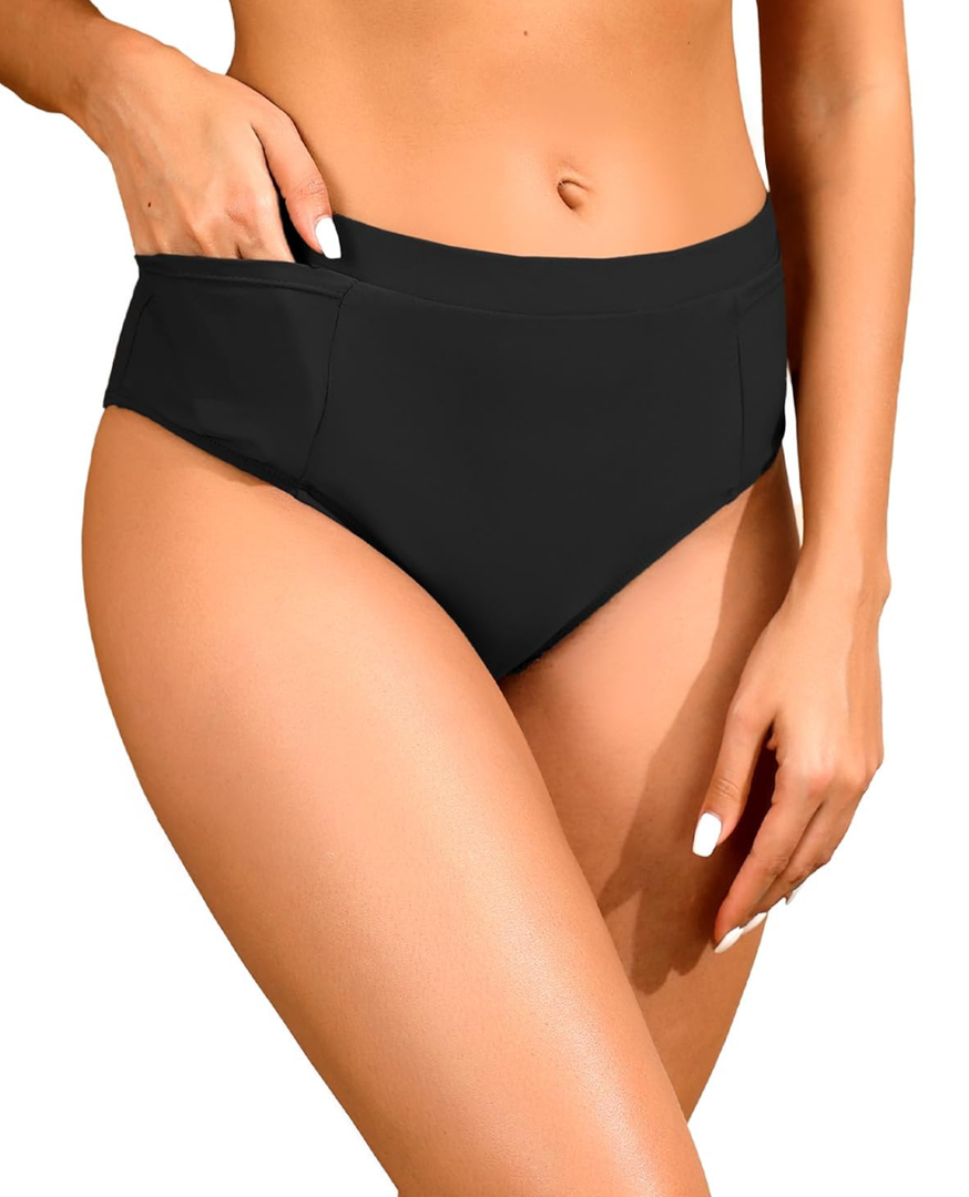 Tempt Me Mid Waist Bikini Bottoms-Full Coverage Bathing Suit Bottom with Pockets M