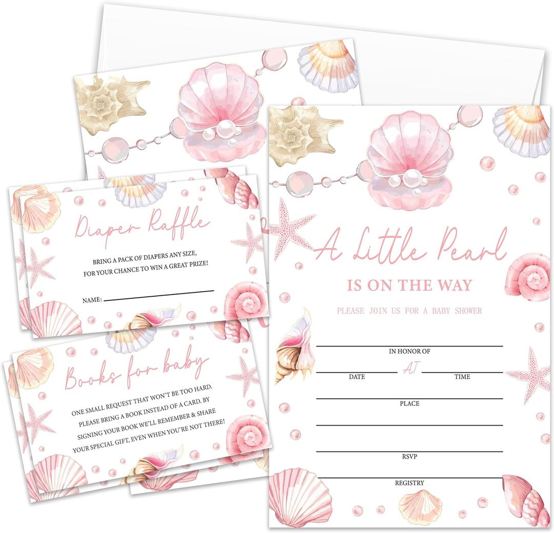 Under the Sea Pearl Baby Shower Invitations For Girl, Ocean Girl Baby Shower Invites Diaper Raffle Tickets, Book Request Cards Fill in Blank (25 Pcs & Envelopes)/Set-07