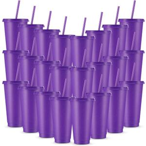Amyhill 24 Pcs Reusable Cups with Lids and Straws 24 oz Glitter Iced Coffee Tumbler Plastic Travel Mug Cup for Smoothie Juices Birthday Sleepover Party Supplies for Girls(Purple)
