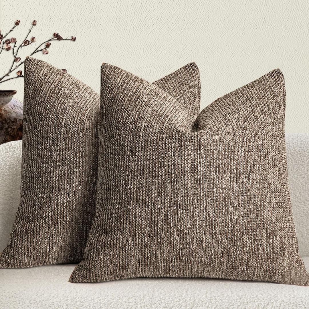 Chenille Couch Decorative Throw Pillow Covers - 20 x 20 Inch Vintage Mid Century Retro Farmhouse Style Fabric Textured Set of 2, Cushion Case Pillowcase for Sofa, Bedroom Living Room, Brown Stone