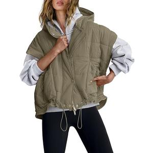 Nirovien Womens Oversized Puffer Vest Sleeveless Quilted Jackets Button Zip Up Hoodie Poncho Coats with Pockets (Medium, Light Grey Green)