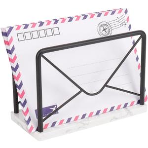 Modern Mail Holder for Home Office, Metal Letter Organizer Sorter for Desk, Cutout Mail Envelope Design, Bill Filling Paper Document Rack, Envelope Storage Rack with Marble Base (Black)