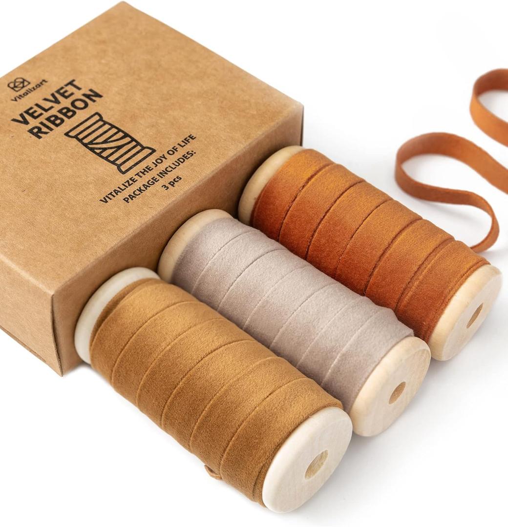 5 x Vitalizart Fall Velvet Ribbon Set 3/8" x 15 Yd Wooden Spool Fabric Trim 3 Rolls * 5 Yd for Christmas Wreath Decoration Handmade Craft Ornaments Gift Wrapping & Bow Making (Khaki Terracotta & Nude)