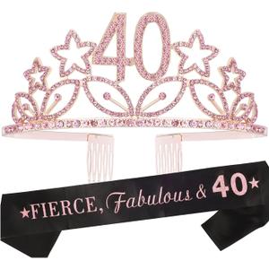 MEANT2TOBE 40 and Fabulous Sash and Tiara Set for Women Forty and Fierce Glitter Sash and Rhinestone Crown - Elegant Accessories for 40th Birthday Decorations - Pink