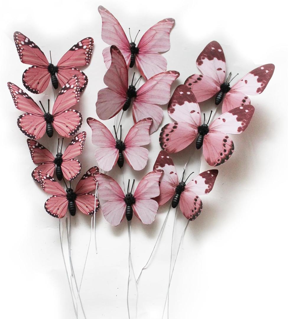 12 Pack Butterfly Decorations, DIY 3D Butterfly Stakes Decor, 2 Sizes of Butterfly Ornament for Home Fake Flower Floral Supplies Tea Party Wedding Easter Christmas Spring Fall. (Light Pink 02)