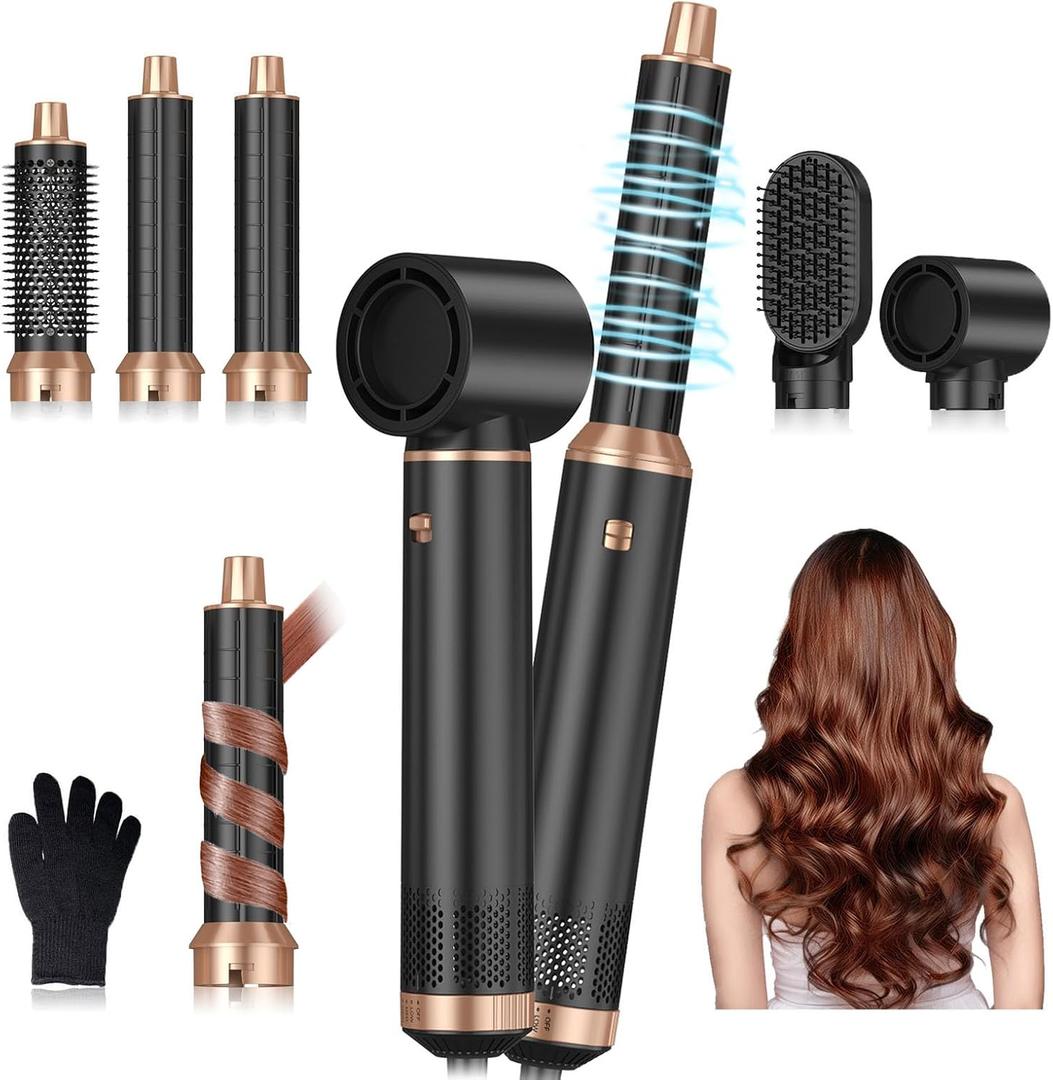 5 in 1 Blow Dryer Brush, Upgrade Hair Dryer Brush Air Curler Air Curling Wrap Styler, Detachable Hot Air Brush Negative Ion Curling Brush Iron, Hair Styling Tools for Drying Curling Straightening (Black Gold)