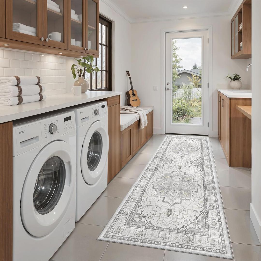 Madane Washable Runner Rug - 2x6 Rug Runners for Hallways 6 Foot Non Slip Vintage Kitchen Runner Rug Ultra-Thin Bathroom Runner Rugs Carpet Laundry Room Bedroom (2x6ft, Grey)