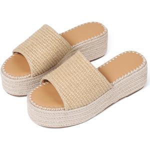 VOMIRA Platform Sandals Women Espadrille Wedge Sandals for Women Open Toe Slip On Flatform Rafiia Slide Sandals Summer Beach Sandals Bohemia Dressy Sandals (6.5, Apricot)