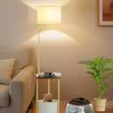 Lightdot 57IN Floor Lamp with Shelves, Mid Century Modern Standing Lamps with Bulb and Storage Bag Included, Gold Pole End Table with Linen Lampshade for Living Room, Bedroom, Office