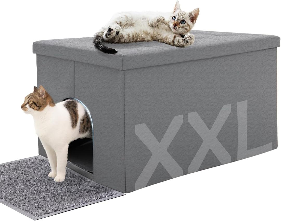 MEEXPAWS Cat Litter Box Enclosure Furniture Odor Control, Extra Large | XXL Hidden Cat Litter Box Bench Ottoman, Storage Cabinet Dog Proof, Waterproof Inside, Easy Clean, Easy Assembly, Grey XXL L35.4'' x W19.7'' x H19.7''