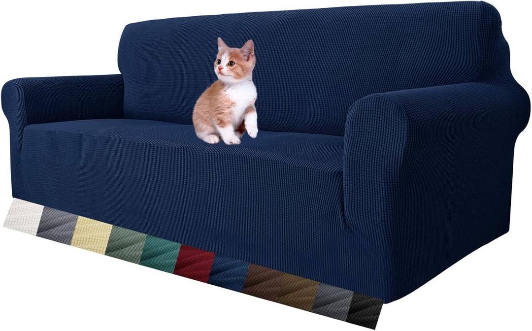 MAXIJIN Super Stretch Couch Cover for 3 Cushion Couch, 1-Piece Universal Sofa Covers Living Room Jacquard Spandex Furniture Protector Dogs Pet Friendly Fitted (Large, Navy Blue)