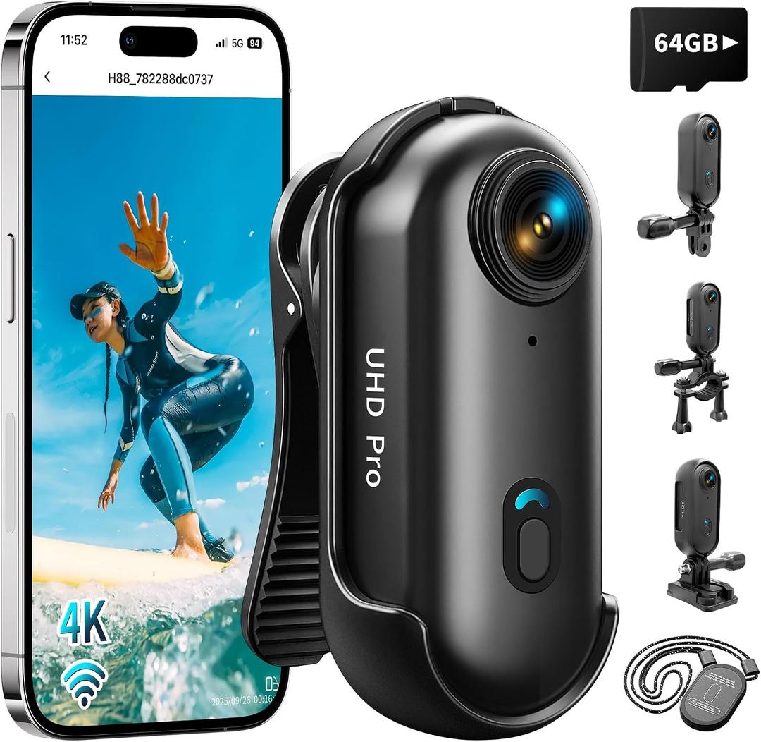 4K Thumb Action Camera with Memory Card Mini Body Camera WiFi Magnetic Clip Wearable Hands-Free Recording POV Camera Waterproof case Mount Anywhere for Sports Vlogging Cycling (Black, 64, GB)
