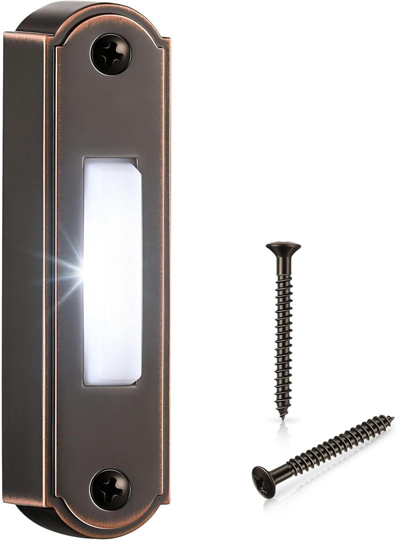 Metal Lighted Doorbell Button, Heavy Duty Metal Wired Door Bell Push Button LED Wall Mounted Doorbell Switch for Universal Garage Door Opener Switch, White Light, Property In Copyright (Bronze)