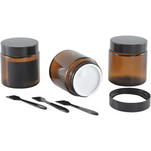 3Pack 4oz Amber Small Glass Jars with Lids, Lotion Container, Cosmetic Containers, Little Travel Jars for Creams with Mini Spoon, cBlack Labels