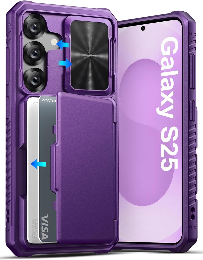 ATATOO for Samsung Galaxy S25 Case, Built-in Card Holder (Store 3-5 Cards) & Slide Camera Cover & RFID Blocking, Military Grade Protection, Hard Wallet Phone Case for Samsung S25 6.2", Dark Purple