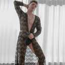 Mens Robes Lightweight Mesh Lingerie Transparent Sleepwear Ultra thin Pajamas Suit Nightgown Robe for Men (Black)