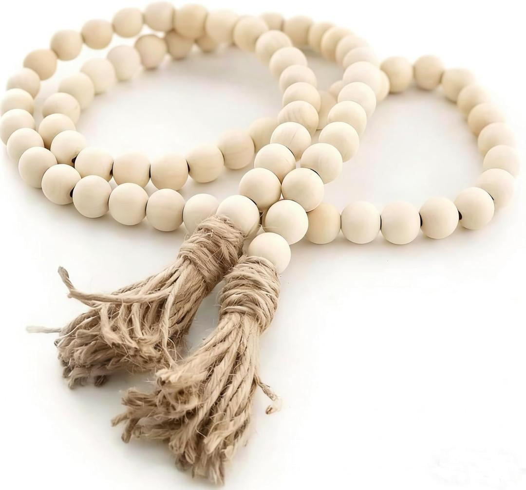 58inch Wood Beads Garland Farmhouse Beads - Natural Prayer Wood String Beads Decorative Beads for Wall Hanging Vase Handle Door Boho Decor (Beige - 1pc)