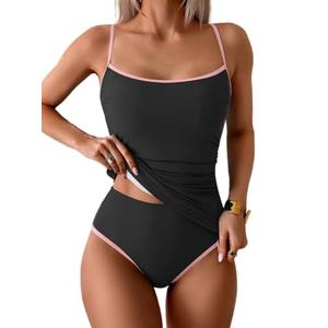 Eomenie Women's Tankini Swimsuits Two Piece Tummy Control Bathing Suit Color Block Slim Swimwear with High Waisted Bottom, M