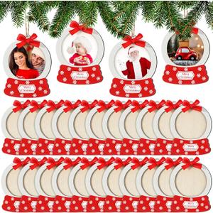 Blulu 24 Pcs Christmas Snowball Picture Ornament Bulk Snowflake Wooden Photo Frame Ornaments Christmas Hanging Ornaments for Tree Stockings Decorations