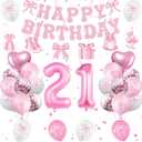 21st Birthday Decorations for Women, Pink Bow Coquette 21 Birthday Balloons Set,33 Pieces, Includes Banner, Hanging Swirls, Balloons, Perfect for Women's Party