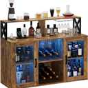 Wine Bar Cabinet with Wine Rack Glass Holder Kitchen Coffee Cabinet, Sideboard Freestanding Liquor Storage with LED Lights for Kitchen Living Room, Office,Dining Room (Brown)