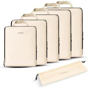 Travelvaez 6 Set Compression Packing Cubes. Expandable and Lightweight Packing Cubes for Travel with Laundry Bag. (Beige).