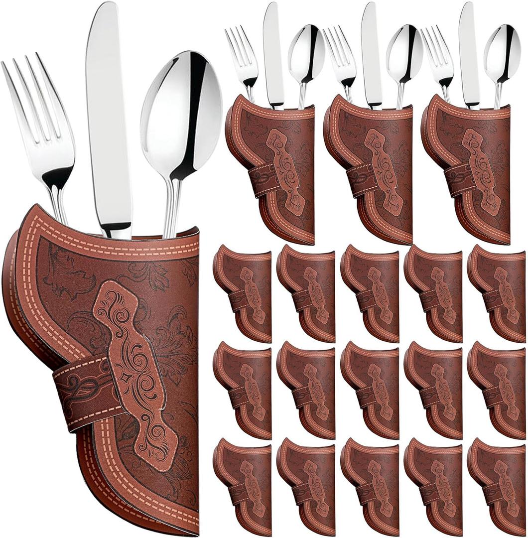 Cowboy Holster Silverware Holders Cardstock Western Party Tableware Supplies Cutlery Sleeve Knife and Fork Holder Vintage Utensil Holders for Western Rodeo Party Favors(36 Pcs) (Brown)