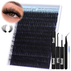 Geeneiya 14-24mm Lash Extension Kit Long Cluster Lashes Volume D Curvature Eyelash Extension Kit Wispy Individual Lashes with Lash Bond and Seal Glue, Lash Tweezers for Beginners (100D, 280Pcs)
