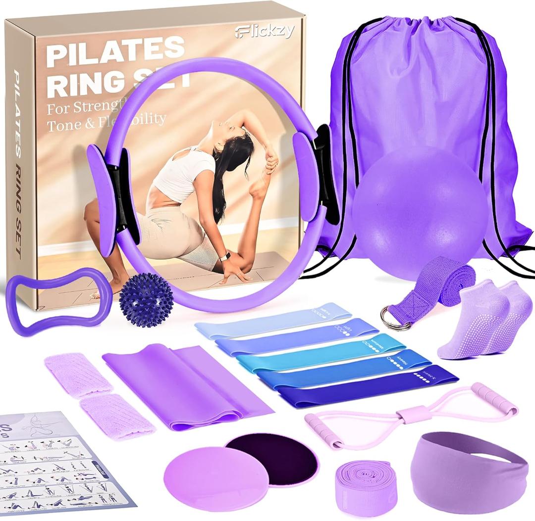 Pilates Ring Set for Women, Pilates Set with Magic Circle, Ball and Resistance Bands, Pilates Kit for Home Workout, Pilates Equipment Set for Strength, Toning and Flexibility (Purple)