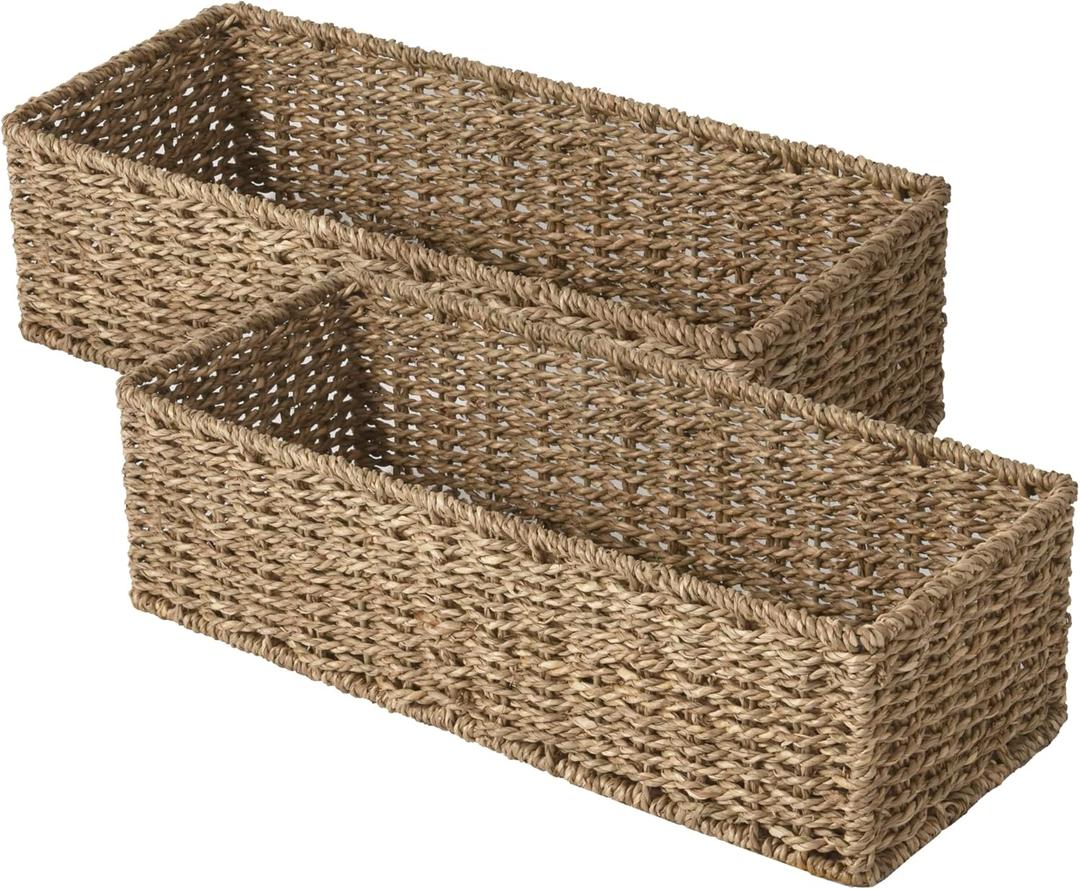 StorageWorks Toilet Tank Basket for Bathroom, Seagrass Storage Baskets for Toilet Tank Top, 2-Pack (15 "L x 6 "W x 4 "H)
