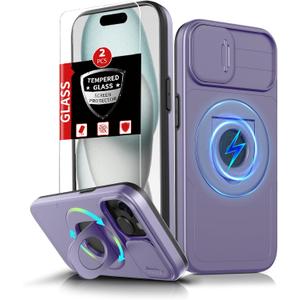 for iPhone 15 Case Magnetic Compatible with MagSafe Wireless Charging,with 2Screen Protectors,Built-in Kickstand Ring,with Camera Cover Shock-Absorbent Shockproof Heavy Duty Protection Purple