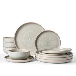 Famiware Meteor Plates and Bowls Sets for 4, 12 Pieces Dinnerware Sets, Microwave and Dishwasher Safe Dishes Set, Matcha Green