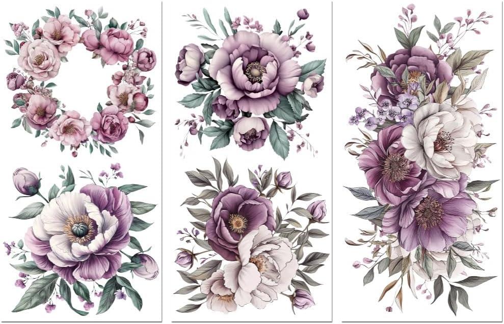 Peacoblue Rub on Transfer Sticker for Furniture Crafts Decor 6"x12" Pink and Purple Flowers, 3Pcs Waterproof UV DTF Transfer for Lingerie Chests Drawer Dresser Glass Porcelain Wood Plastic