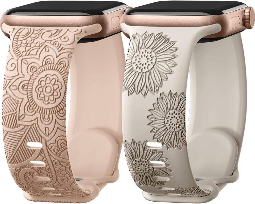 Odbeai Floral Engraved Band Compatible with Apple Watch Bands for Women 38mm 40mm 41mm 42mm 44mm 45mm 46mm 49mm,Soft Silicone Cute Sport Strap for iWatch Bands Women Series 11 10 9-1 SE Ultra1/2/3