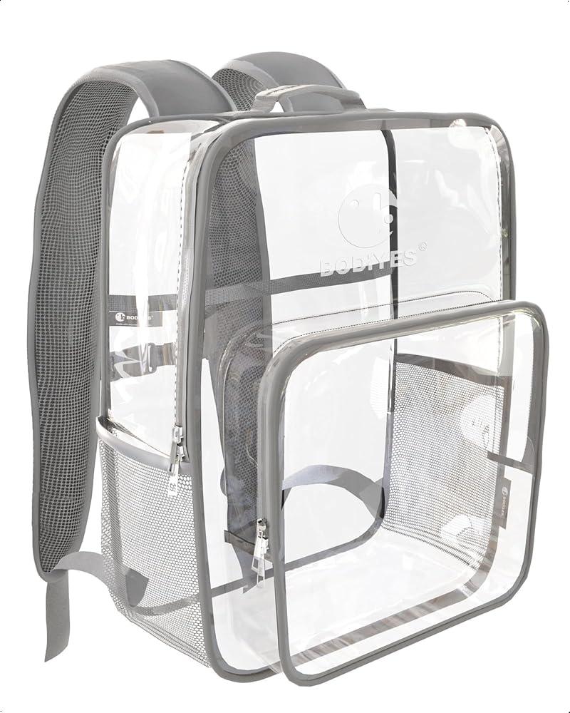 Bodiyes Clear Backpack - Reinforced Heavy-Duty Large Clear Bag for Stadium Events, Ergonomic Clear Bookbag with Chest Strap for Security Checks Beige