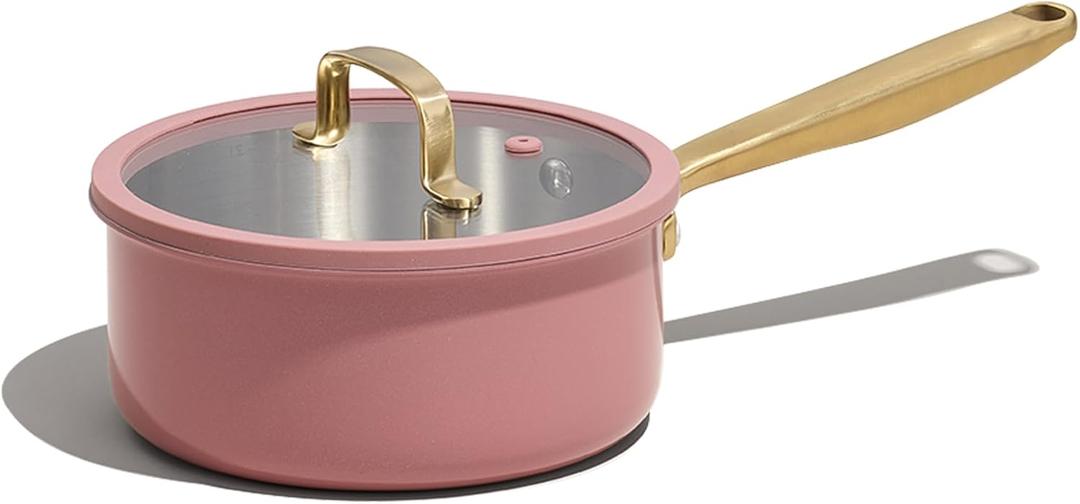 CAROTE 2Qt Stainless Steel Saucepan, Non-Toxic Cookware with Lids,Outer Ceramic Layer,Small Cooking Pot, Even Heating, Fits All Stoves,Oven & Dishwasher Safe, Pink