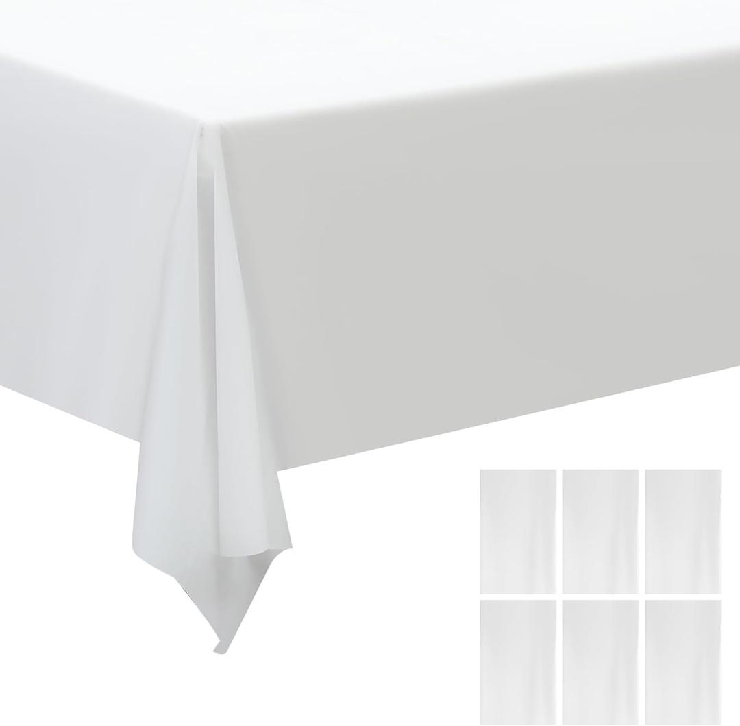 6 Pack Premium Disposable Plastic Tablecloth 54 X108 Inch Rectangle Solider Color Heavy Duty Table Cover for Dining Tables, Parties and Holidays Decorative (White)