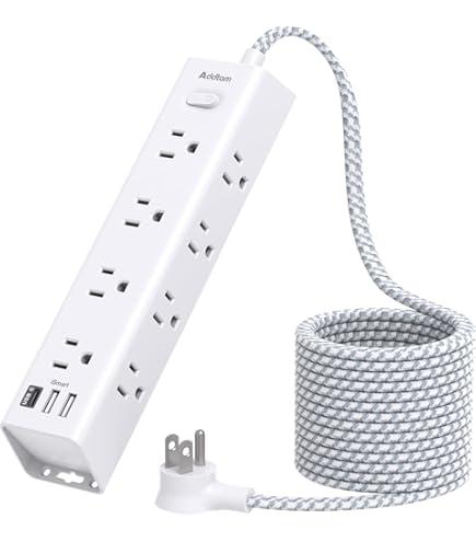 Surge Protector Power Strip - 15 FT Extension Cord, Power Strip with 12 Widely AC Outlet 4 USB, Flat Plug Wall Mount Overload Protection, 1050J, Desk Charging Station for Home Office, ETL Listed,White
