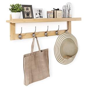SMIBUY Coat Hooks with Shelf Wall-Mounted, 29.2 Inch Entryway Coat Rack for Wall, Bamboo Hanging Shelf with 5 Double Metal Hooks for Bathroom, Bedroom, Kitchen, Living Room, Mudroom (Natural)