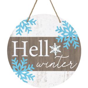 Deroro Hello Winter Sign for Front Door Decor, Winter Welcome Farmhouse Wood Door Hanger for Outdoor Outside Porch, Rustic Christmas Snowflakes Wooden Wreath Wall Hanging Decoration (White)