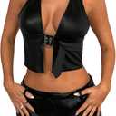 MakeMeChic Women's PU Leather Going Out Top Buckle Y2K Halter Crop Corset Party Clubwear (Black)