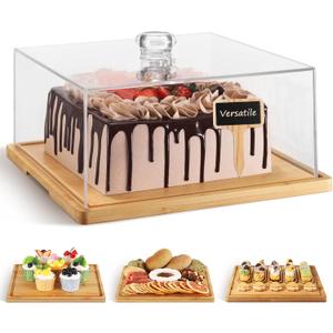 Square Cake Stand with Lid11in Bamboo Cake Stand with DomeDessert Display Stand with Acrylic Cover for CheesePieChips & DipsServing Platter with Cover for Kitchen/Party/Wedding/Birthday